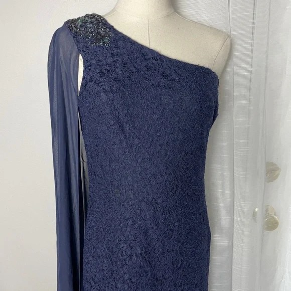 Adrianna Papell Navy Cape-Sleeved Evening Lace Gown One Shoulder Dress Size 6 - Picture 4 of 13
